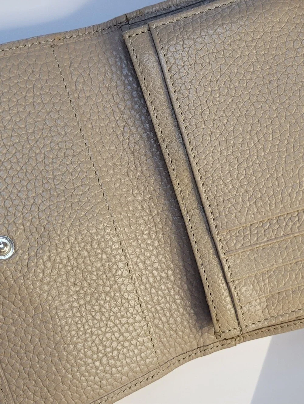 Valentina Taupe Pebbled Leather Trifold Wallet NWOT